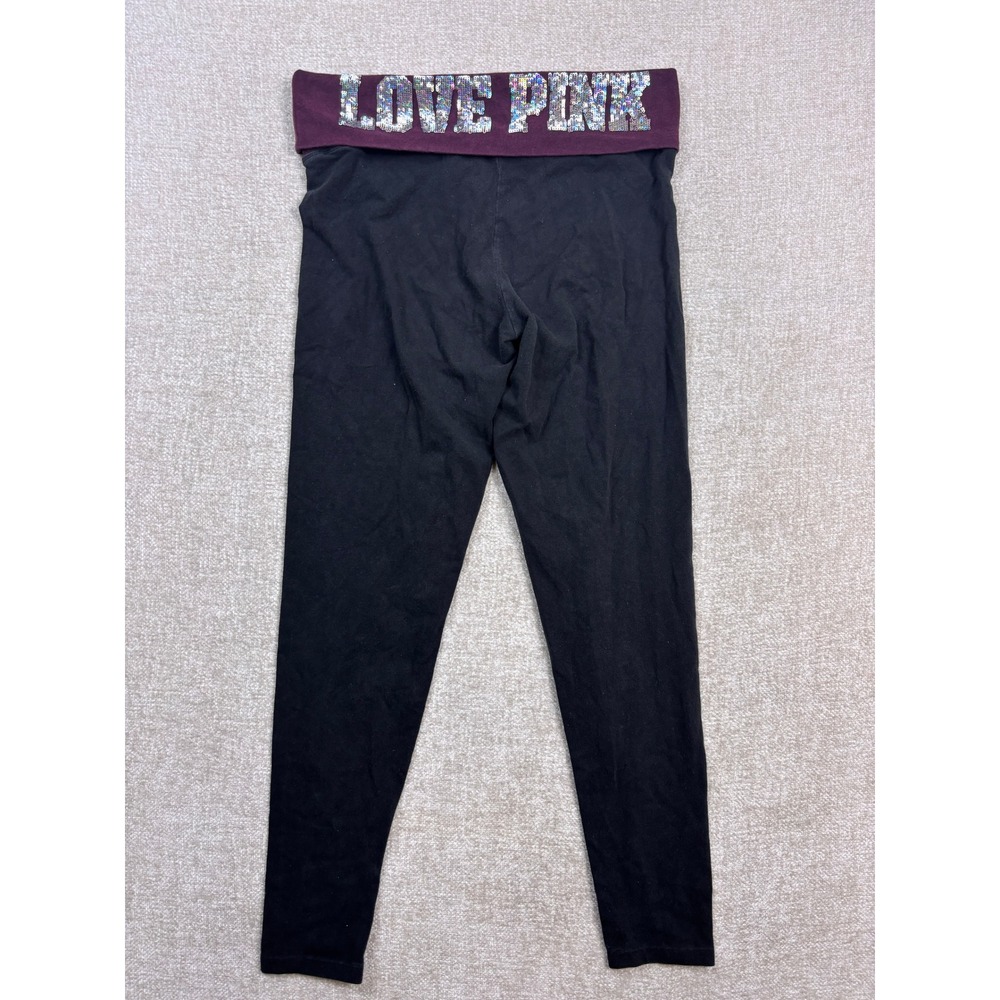 Victorias Secret PINK Yoga Leggings Black Burgundy Foldover Love Pink Silver M